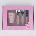 Set vasito y cubiertos acero personalizados rosa