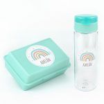 Pack Almuerzo Botella + Cajita Porta Alimentos Arcoíris Soft Menta personalizadas