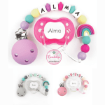 Cajita Chupete Rojo + Cadenita de silicona Arcoíris personalizados color a elegir