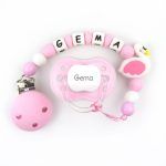 Cajita Chupete Rosa + Cadenita de silicona Cisne Rosa personalizada
