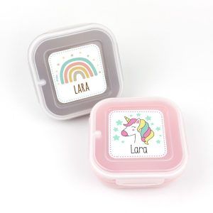 Pack 2 Fiambreras herméticas personalizadas, Arcoíris y Unicornio, color Topo y Rosa