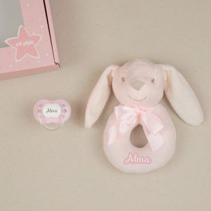 Cajita Sonajero Conejito Rosa Personalizada