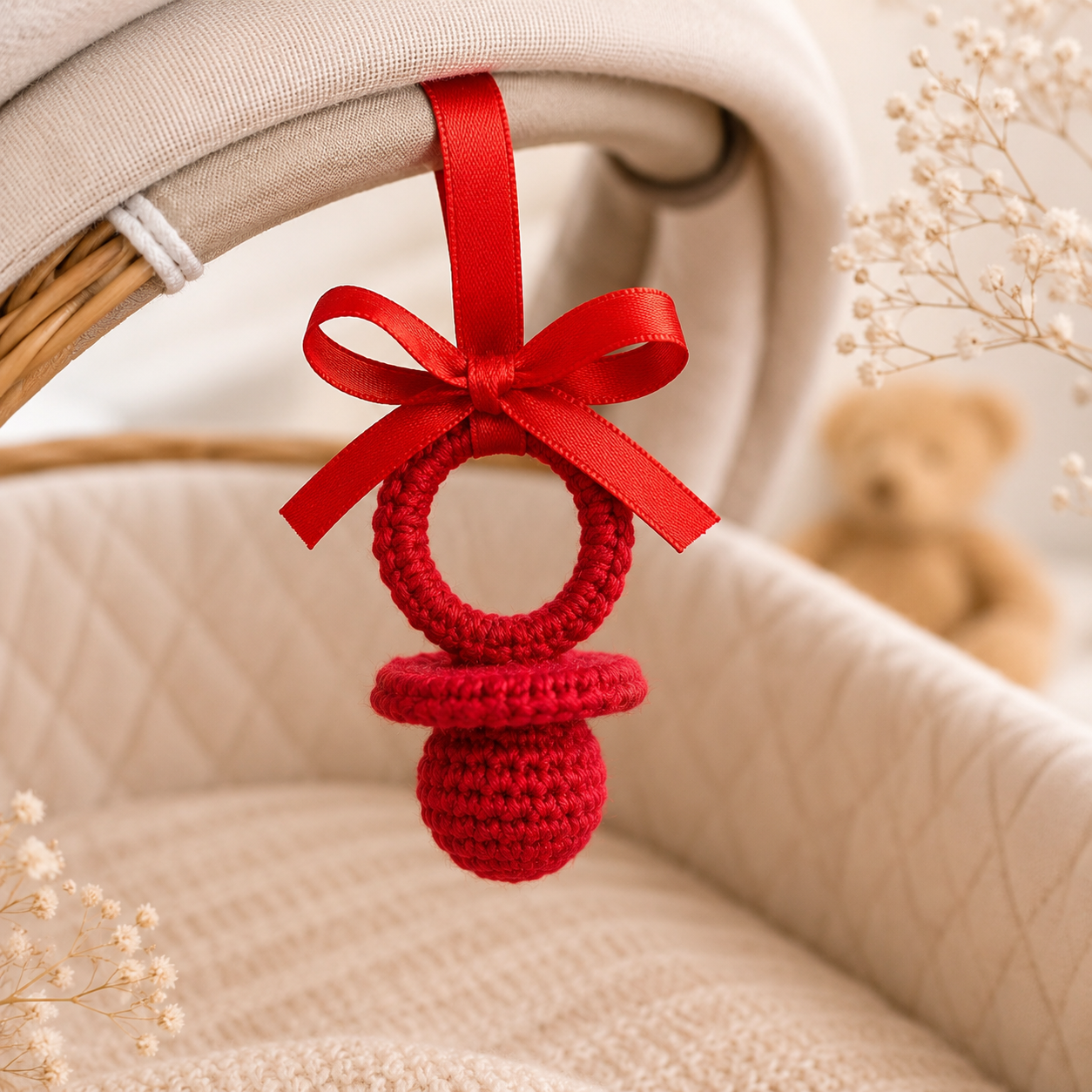 Chupete Crochet Rojo para Carrito de Bebé