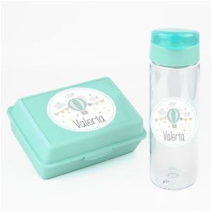 Pack Almuerzo Botella + Cajita Porta Alimentos Globo Menta personalizadas