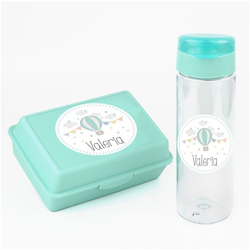 Pack Almuerzo Botella + Cajita Porta Alimentos Globo Menta personalizadas