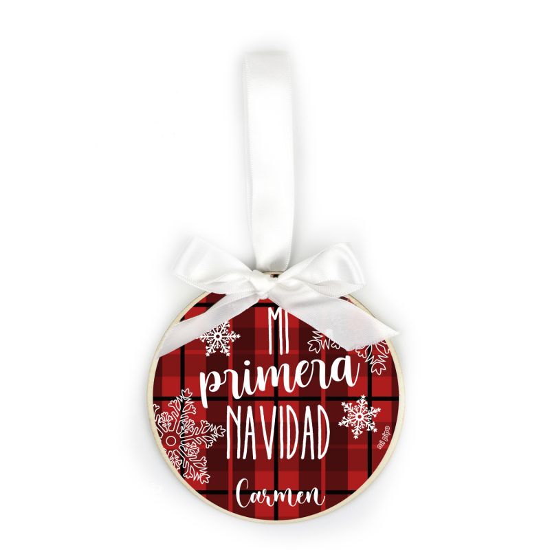 Bola Navidad MADERA Cuadros Rojos o Verdes, Mi primera Navidad personalizada - Imagen 2