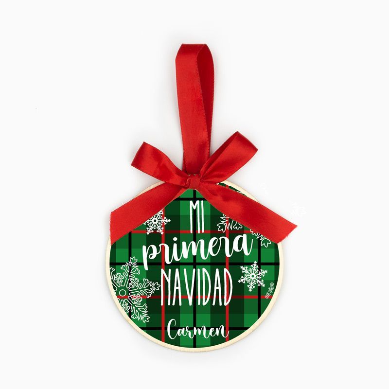 Bola Navidad MADERA Cuadros Rojos o Verdes, Mi primera Navidad personalizada