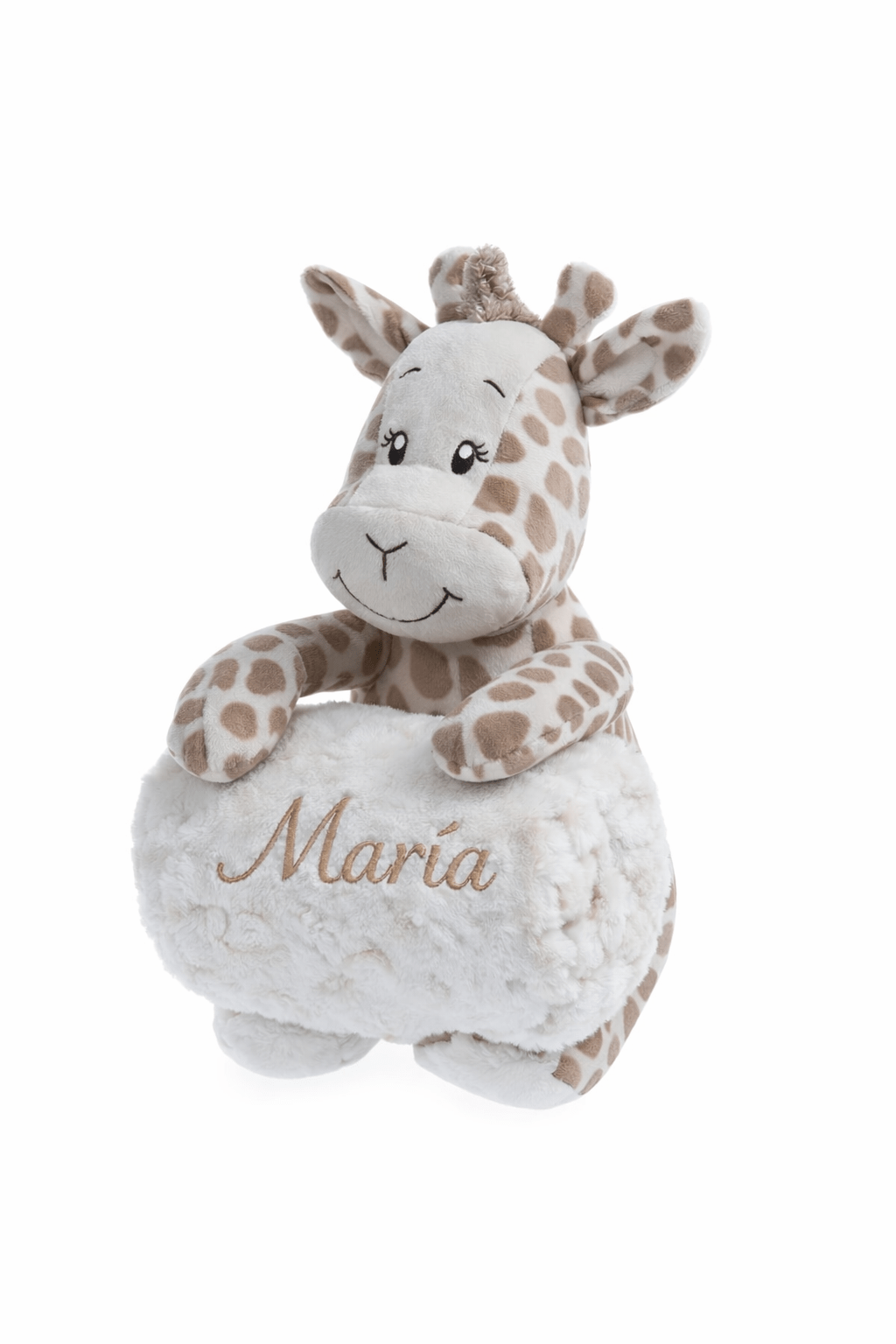 Peluche jirafa beige con manta personalizada bordada