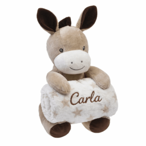 Peluche burrito beige y marrón con manta personalizada bordada