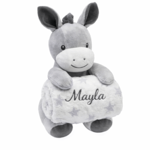 Peluche burrito gris con manta personalizada bordada