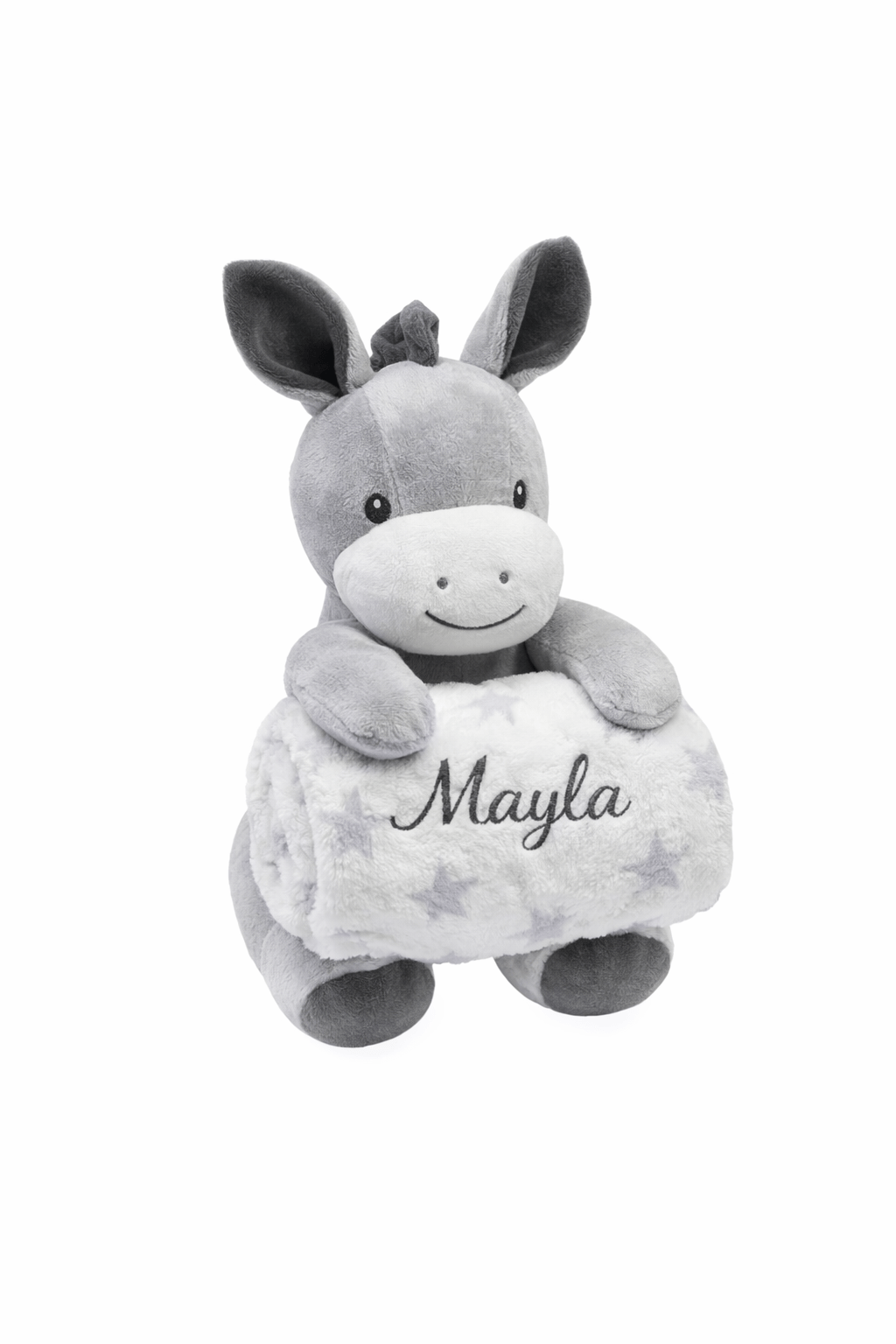 Peluche burrito gris con manta personalizada bordada