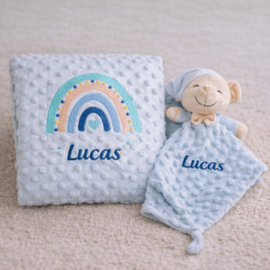 Pack Manta + doudou Arcoíris azul