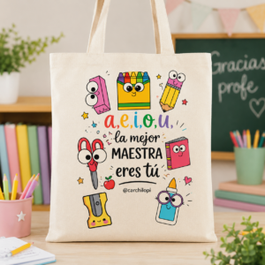 Totebag personalizada para profes – A,E,I,O,U la mejor maestra eres tú