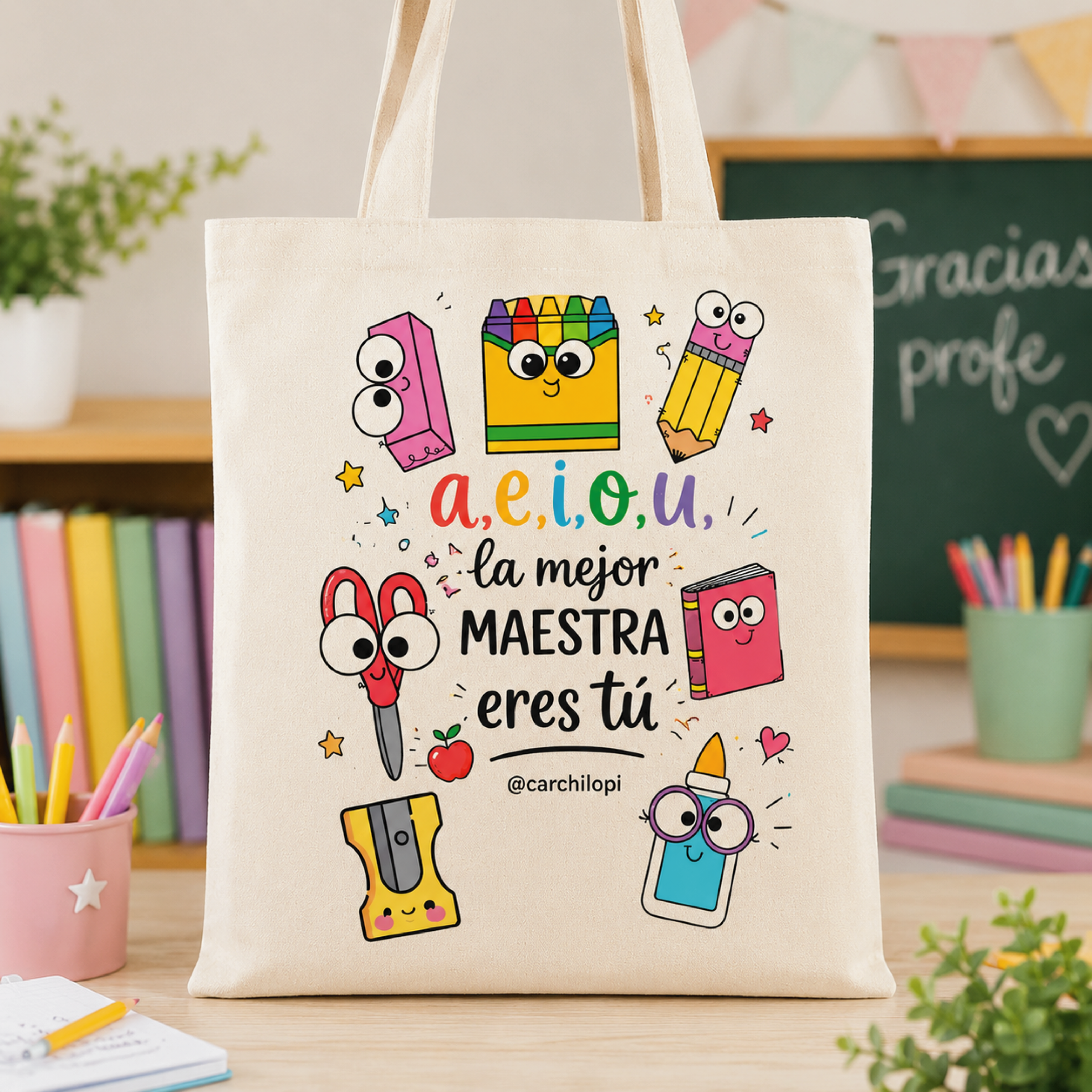 Totebag personalizada para profes – A,E,I,O,U la mejor maestra eres tú