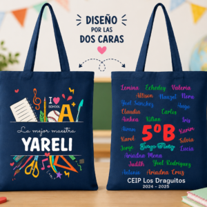 Totebag azul personalizada para profes – Nombres del alumnado