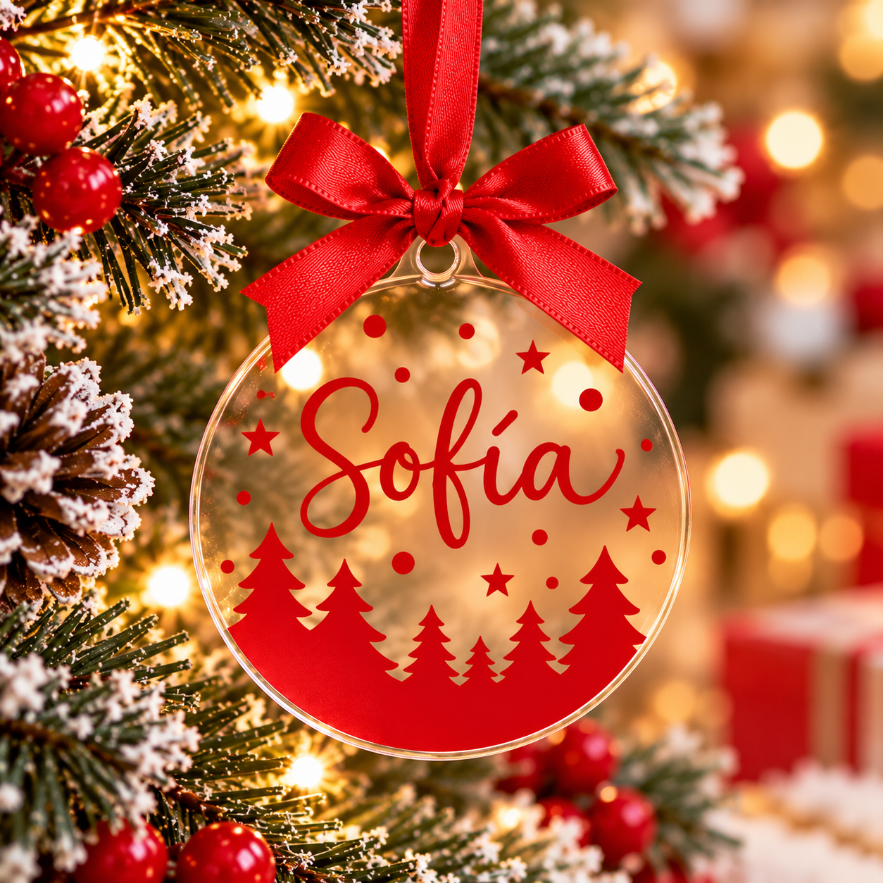Bola de Navidad de Acrílico Transparente Personalizada con Nombre en Rojo
