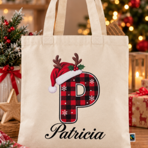 Tote Bag Navideña Personalizada con Inicial y Nombre.